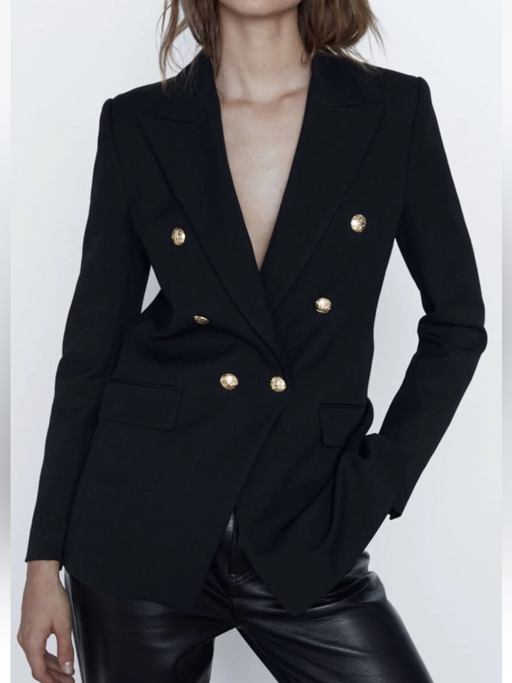 NWT Zara Double-Breasted Black Blazer with Gold Buttons Large